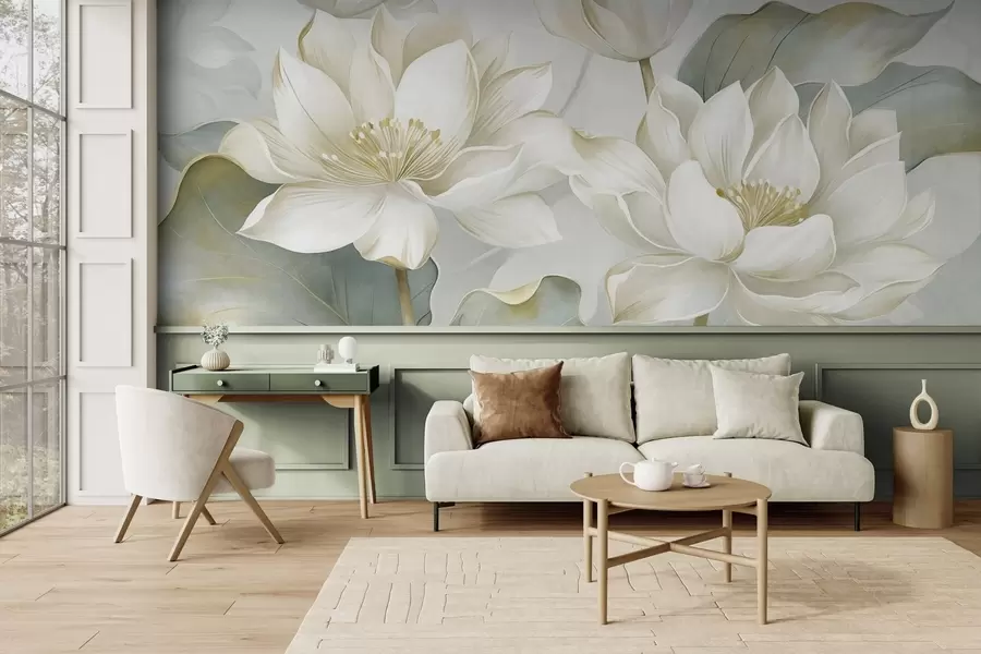 murais de parede Flores de lótus com textura e pétalas delicadas, folhas grandes de um verde suave w10027