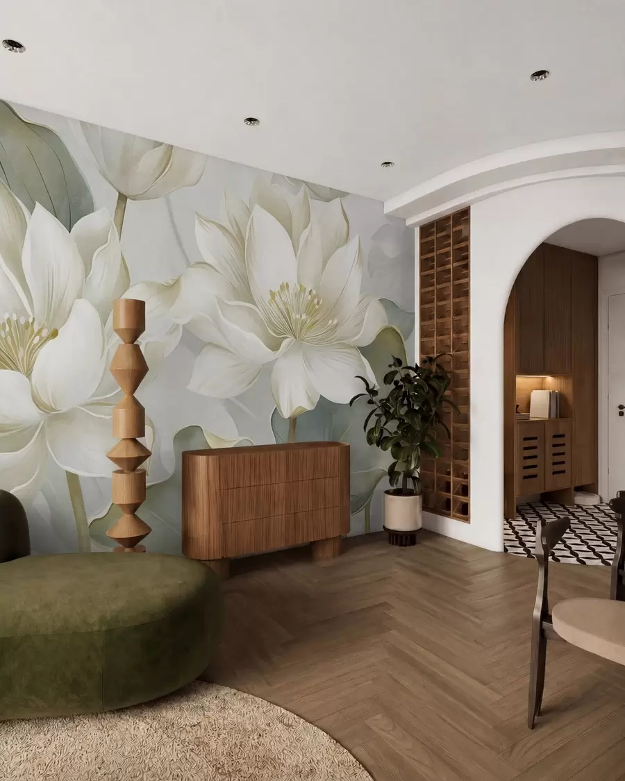 murais de parede Flores de lótus com textura e pétalas delicadas, folhas grandes de um verde suave w10027