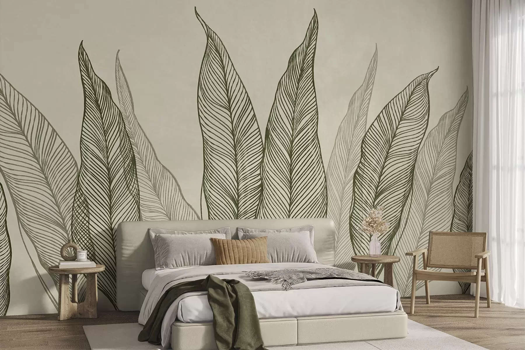 murais de parede Folhas verdes estilizadas com detalhes de linhas complexas sobre um fundo bege, obra de arte com textura w10030