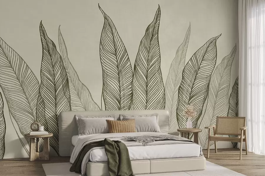 murais de parede Folhas verdes estilizadas com detalhes de linhas complexas sobre um fundo bege, obra de arte com textura w10030