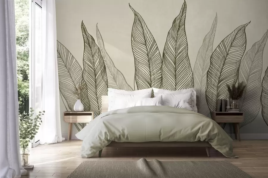 murais de parede Folhas verdes estilizadas com detalhes de linhas complexas sobre um fundo bege, obra de arte com textura w10030