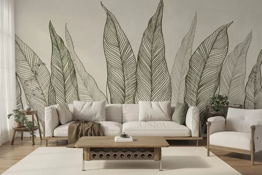 murais de parede Folhas verdes estilizadas com detalhes de linhas complexas sobre um fundo bege, obra de arte com textura w10030