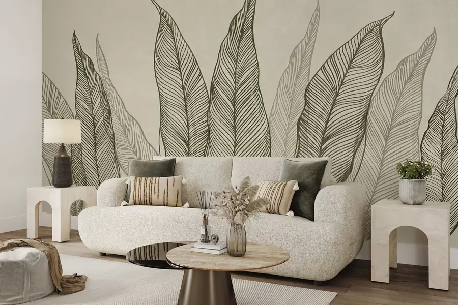 murais de parede Folhas verdes estilizadas com detalhes de linhas complexas sobre um fundo bege, obra de arte com textura w10030