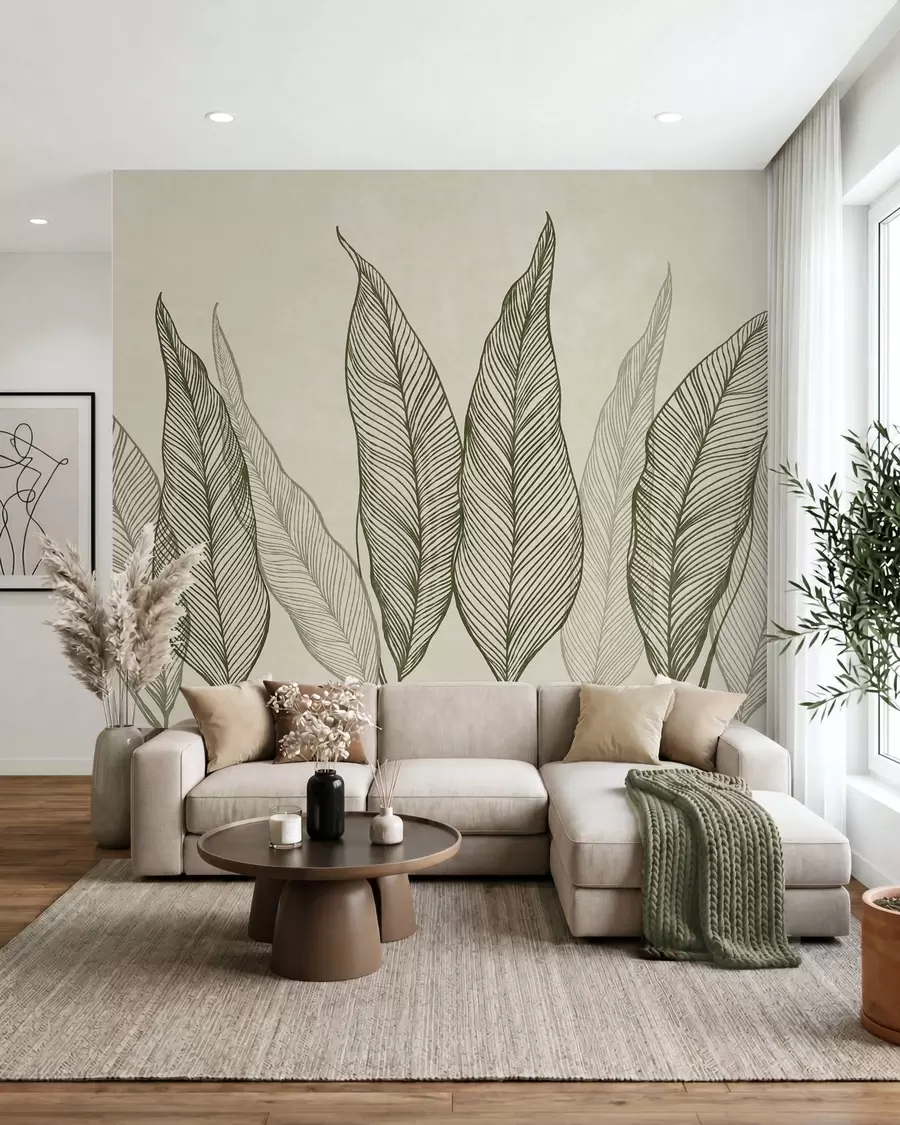 murais de parede Folhas verdes estilizadas com detalhes de linhas complexas sobre um fundo bege, obra de arte com textura w10030