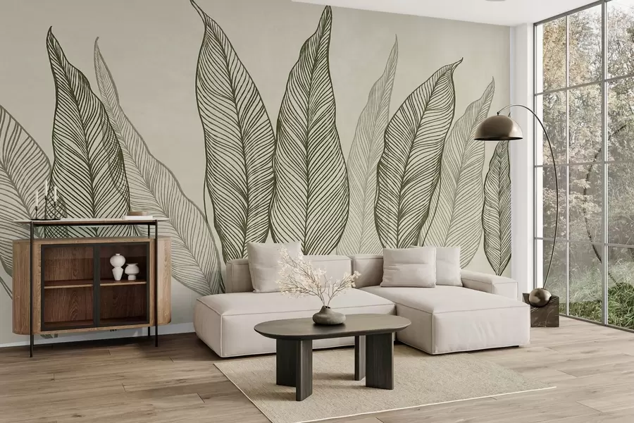 murais de parede Folhas verdes estilizadas com detalhes de linhas complexas sobre um fundo bege, obra de arte com textura w10030