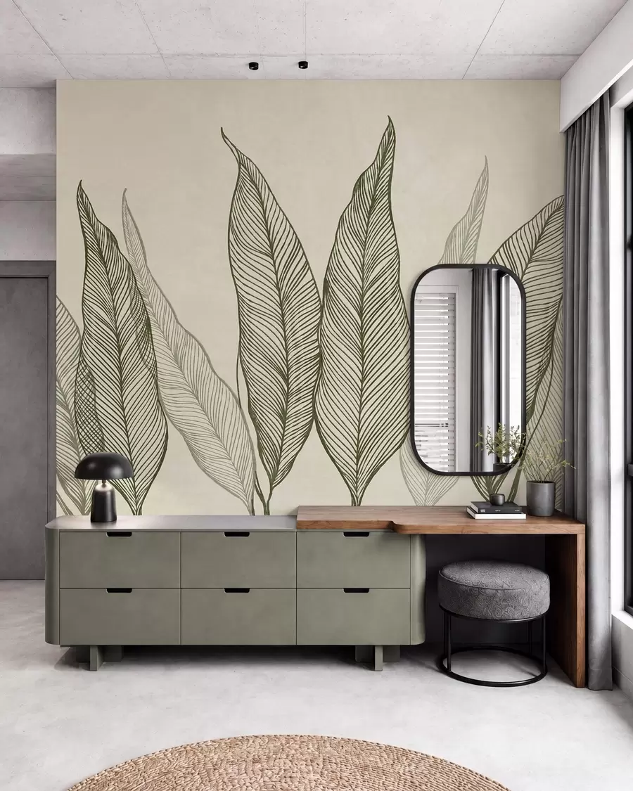 murais de parede Folhas verdes estilizadas com detalhes de linhas complexas sobre um fundo bege, obra de arte com textura w10030