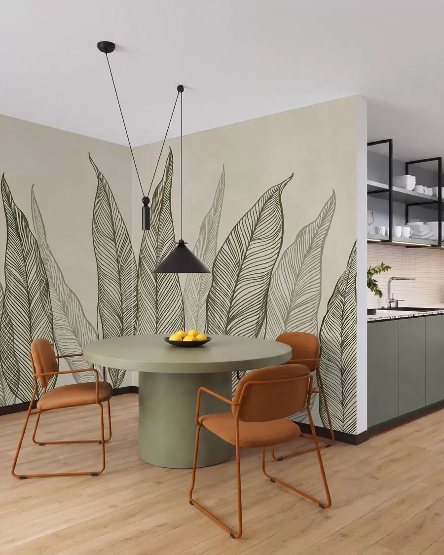 murais de parede Folhas verdes estilizadas com detalhes de linhas complexas sobre um fundo bege, obra de arte com textura w10030