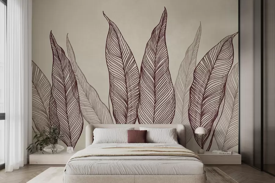 murais de parede Folhas em tom de bordô estilizadas com detalhes de linhas intricadas sobre um fundo bege, obra de arte com textura w10030v1