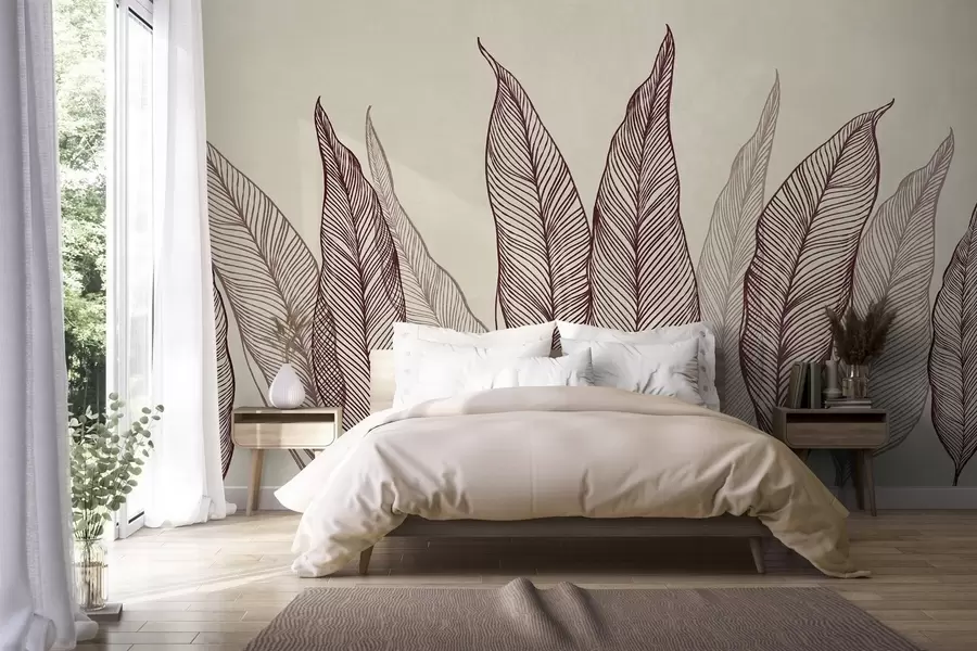 murais de parede Folhas em tom de bordô estilizadas com detalhes de linhas intricadas sobre um fundo bege, obra de arte com textura w10030v1