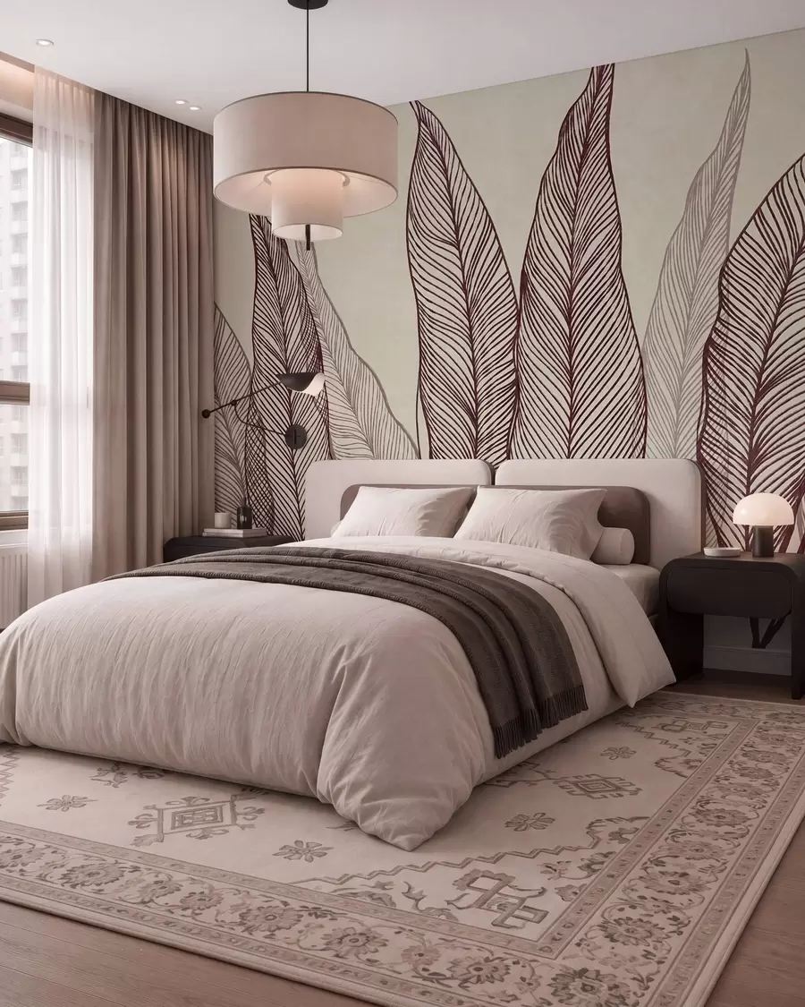 murais de parede Folhas em tom de bordô estilizadas com detalhes de linhas intricadas sobre um fundo bege, obra de arte com textura w10030v1