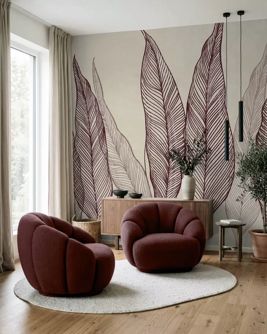 murais de parede Folhas em tom de bordô estilizadas com detalhes de linhas intricadas sobre um fundo bege, obra de arte com textura w10030v1
