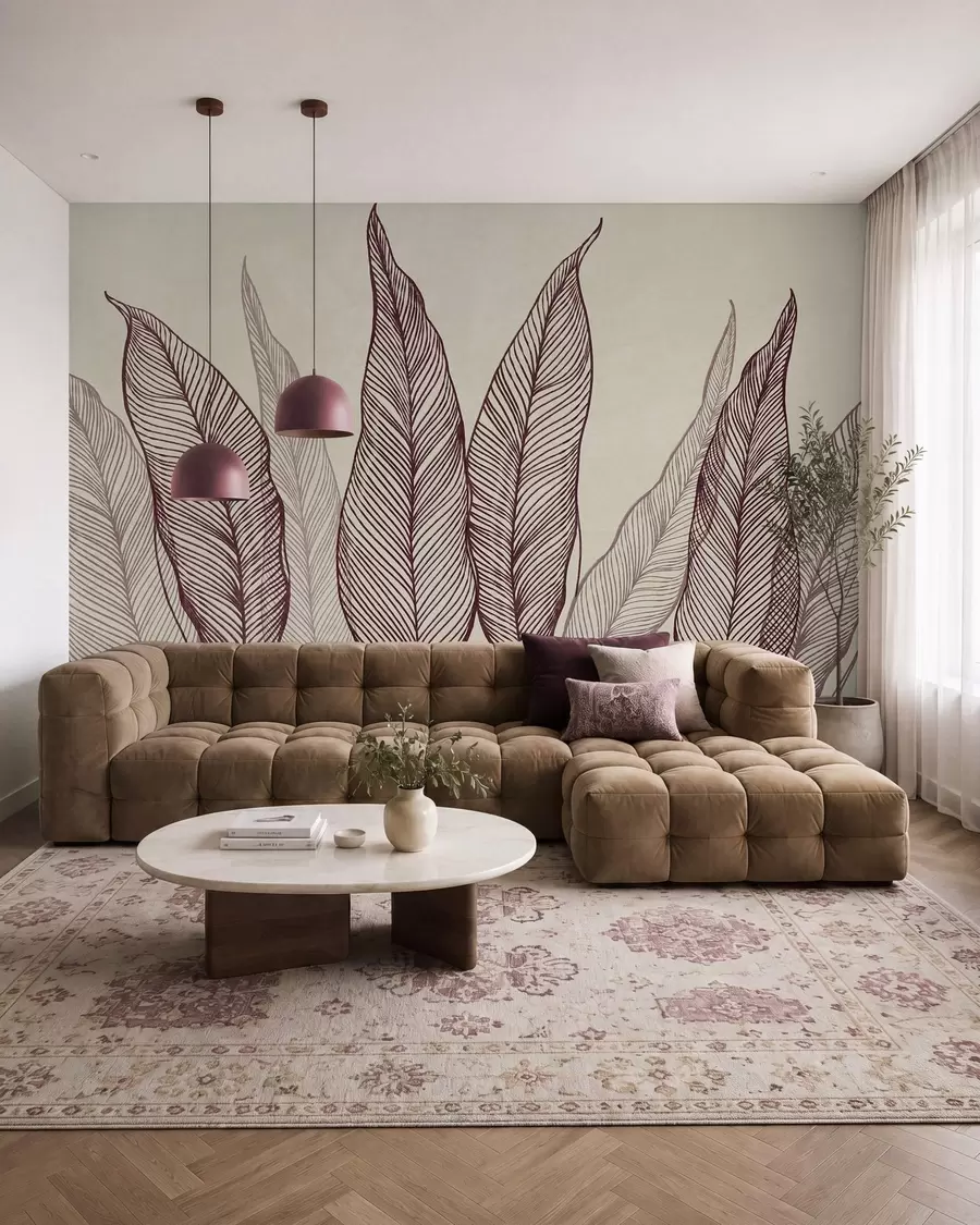 murais de parede Folhas em tom de bordô estilizadas com detalhes de linhas intricadas sobre um fundo bege, obra de arte com textura w10030v1
