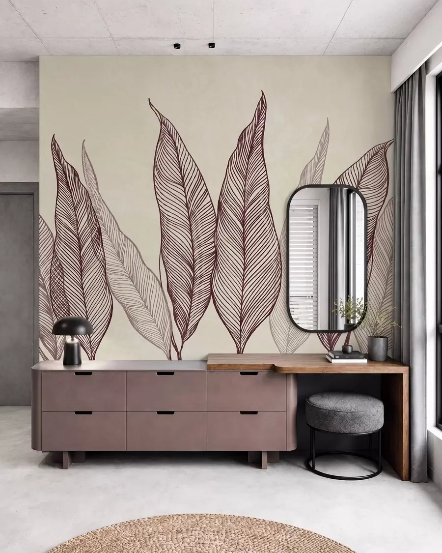 murais de parede Folhas em tom de bordô estilizadas com detalhes de linhas intricadas sobre um fundo bege, obra de arte com textura w10030v1
