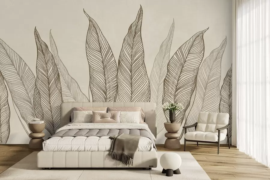 murais de parede Folhas castanhas estilizadas com detalhes de linhas intricadas sobre um fundo bege, obra de arte com textura w10030v2
