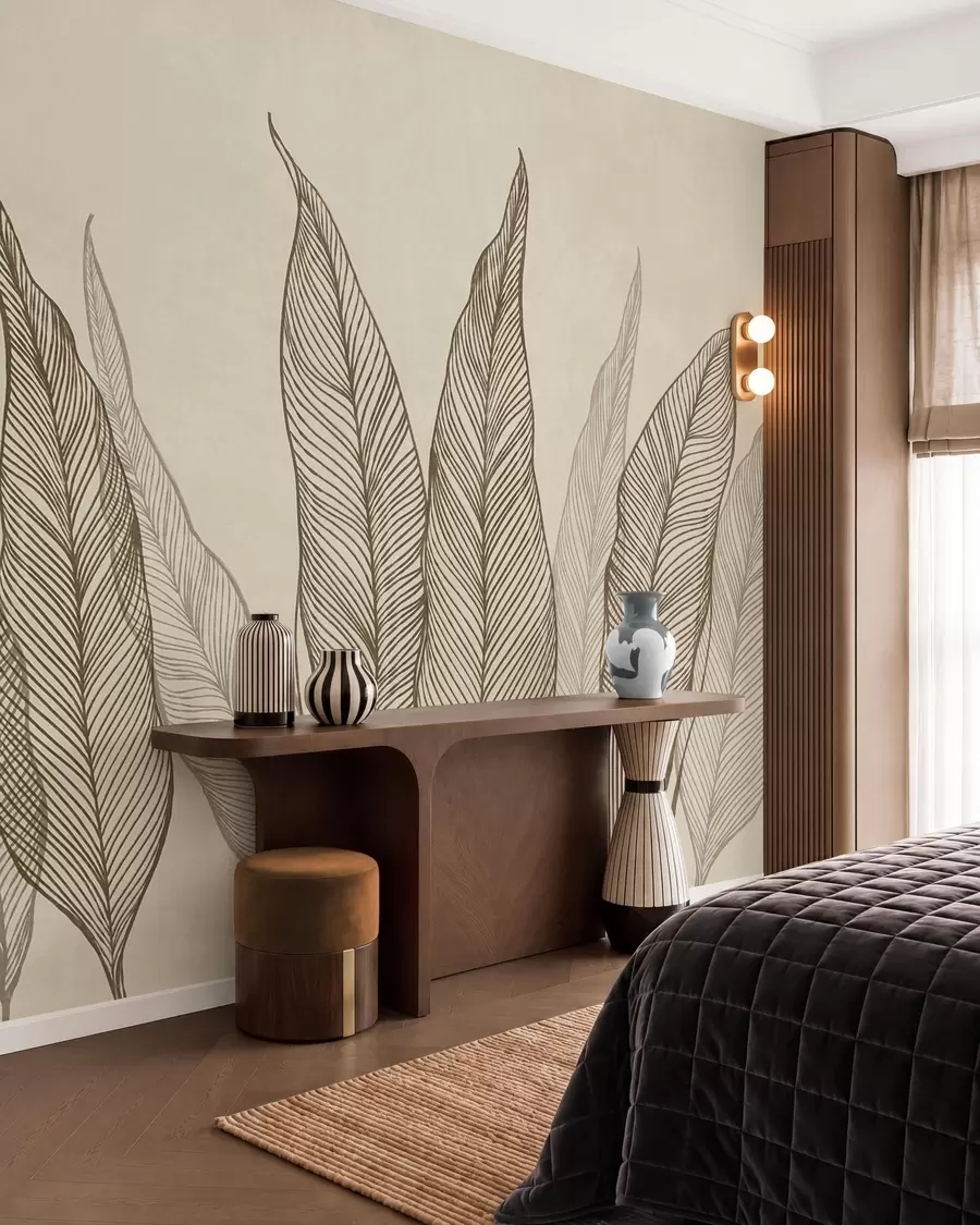 murais de parede Folhas castanhas estilizadas com detalhes de linhas intricadas sobre um fundo bege, obra de arte com textura w10030v2