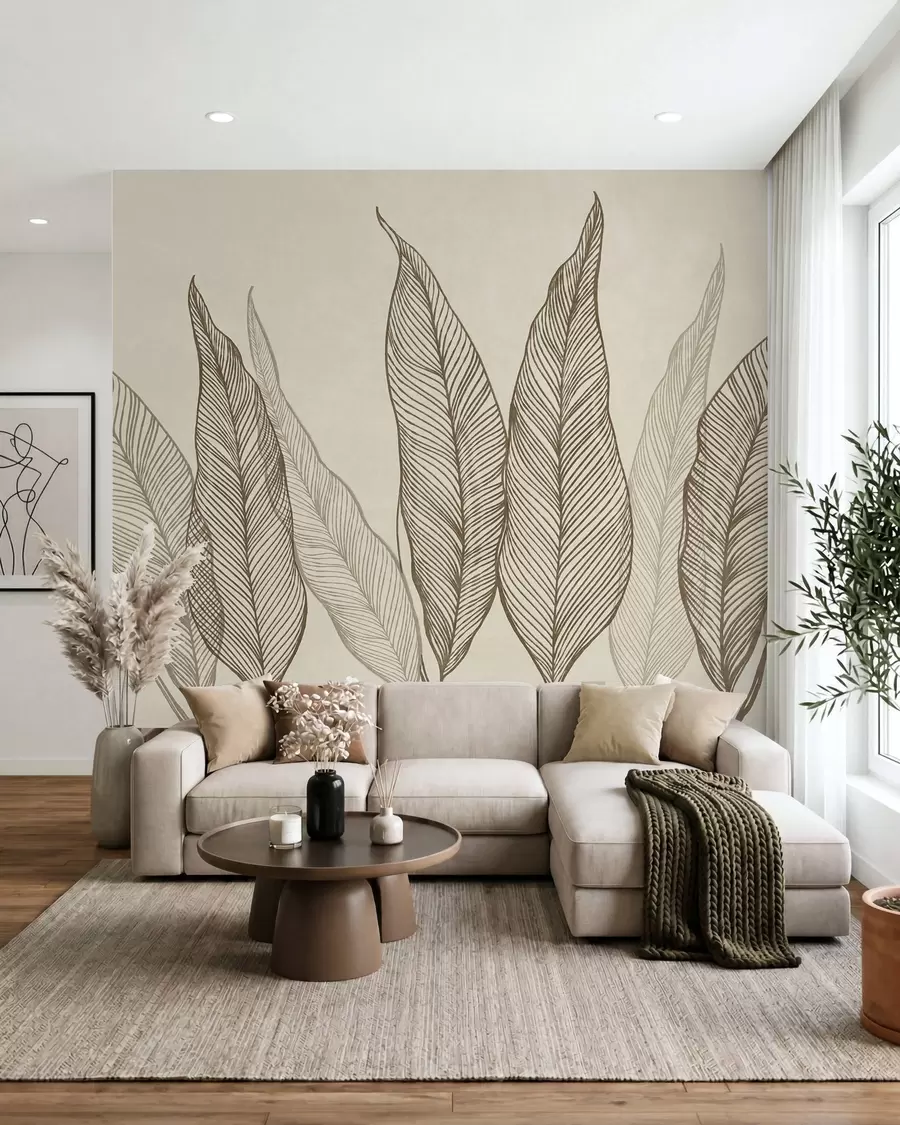 murais de parede Folhas castanhas estilizadas com detalhes de linhas intricadas sobre um fundo bege, obra de arte com textura w10030v2