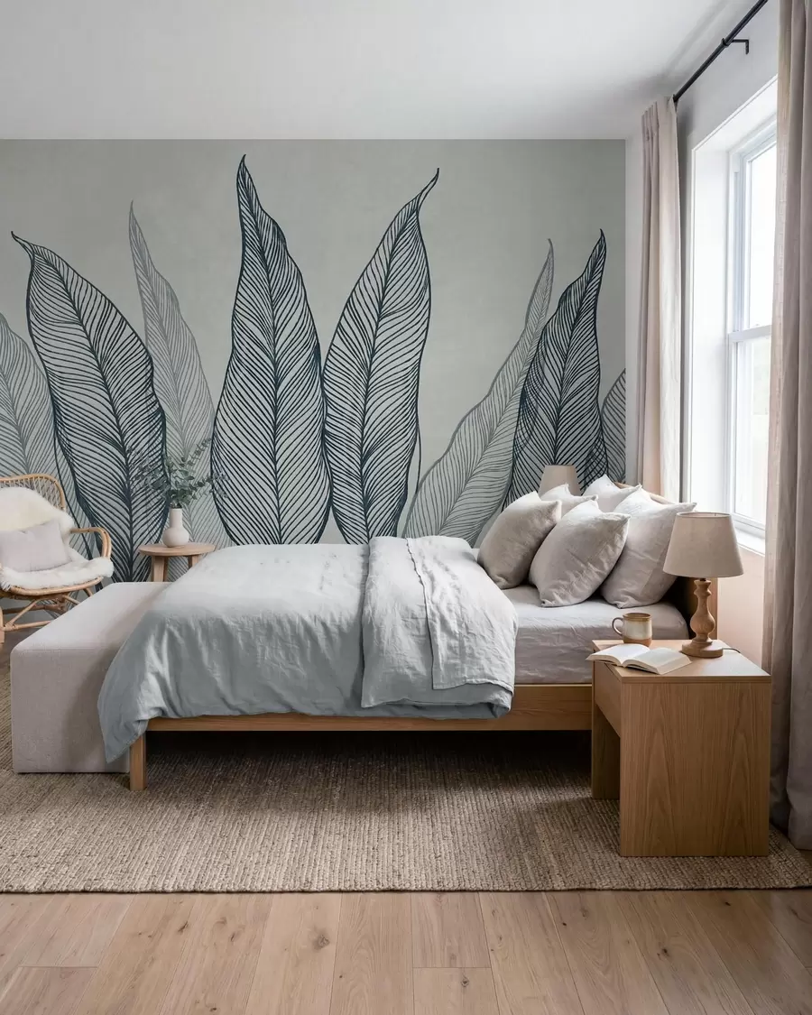 murais de parede Folhas azuis estilizadas com detalhes de linhas intricadas sobre um fundo cinzento, obra de arte com textura w10030v3