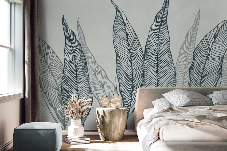 murais de parede Folhas azuis estilizadas com detalhes de linhas intricadas sobre um fundo cinzento, obra de arte com textura w10030v3