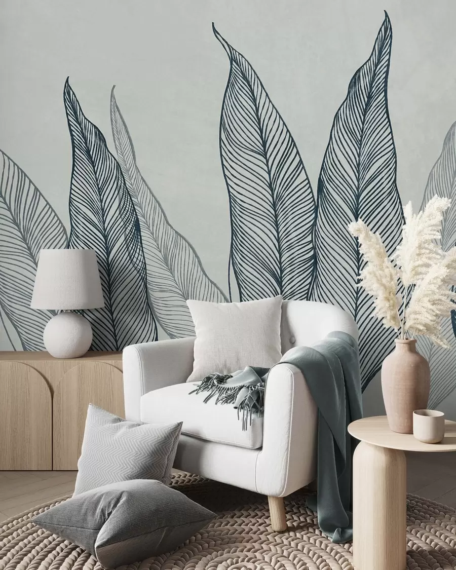 murais de parede Folhas azuis estilizadas com detalhes de linhas intricadas sobre um fundo cinzento, obra de arte com textura w10030v3