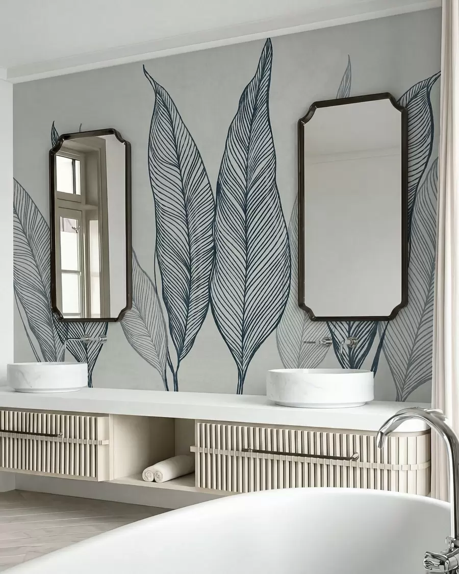 murais de parede Folhas azuis estilizadas com detalhes de linhas intricadas sobre um fundo cinzento, obra de arte com textura w10030v3
