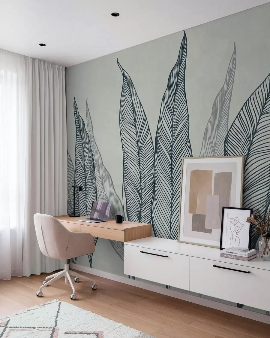 murais de parede Folhas azuis estilizadas com detalhes de linhas intricadas sobre um fundo cinzento, obra de arte com textura w10030v3