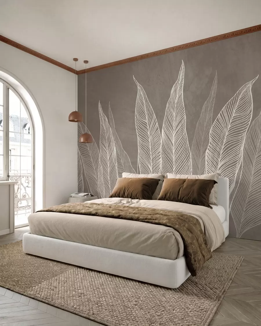 murais de parede Folhas brancas estilizadas com detalhes de linhas intricadas sobre um fundo castanho, ilustração com textura w10030v4