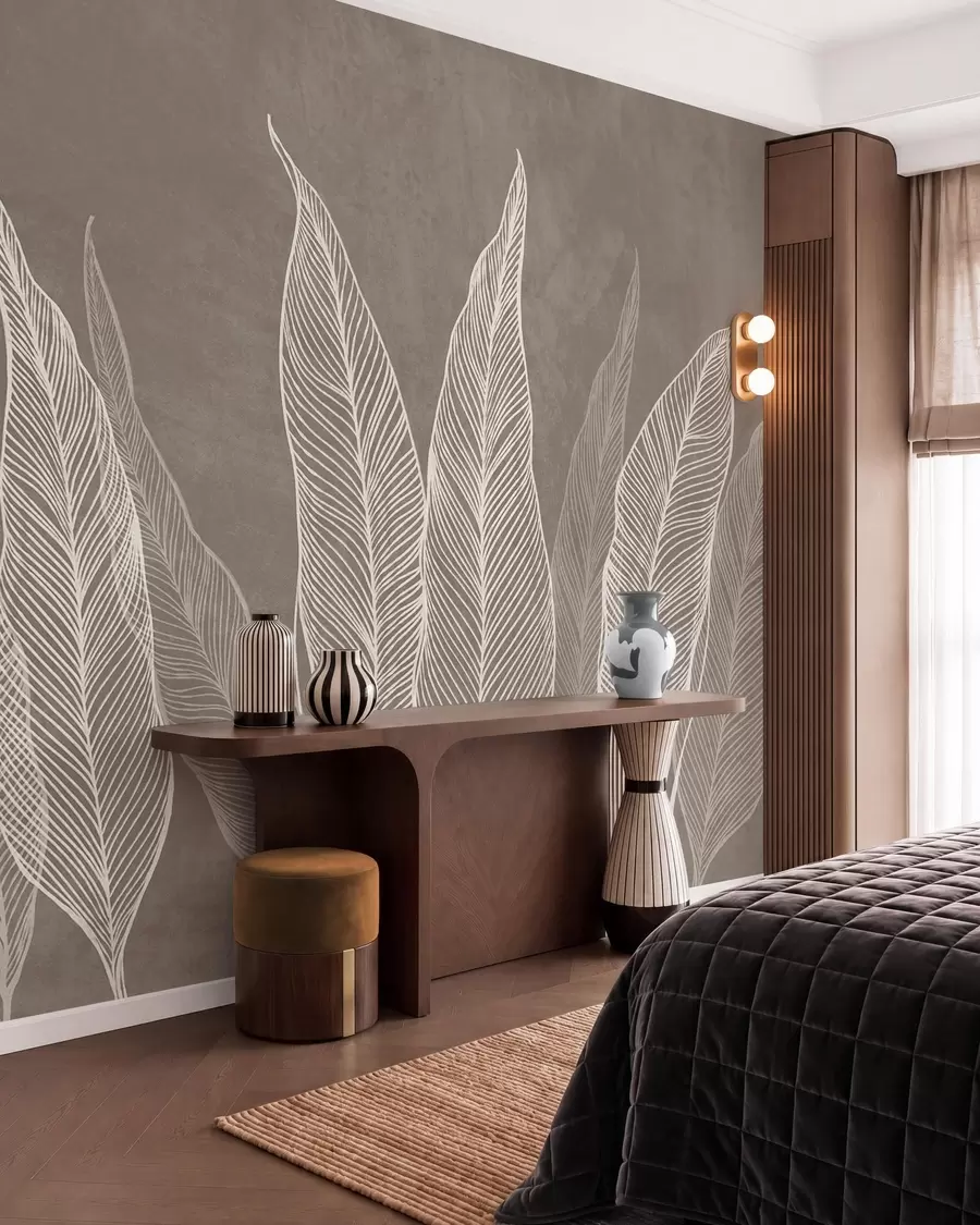 murais de parede Folhas brancas estilizadas com detalhes de linhas intricadas sobre um fundo castanho, ilustração com textura w10030v4