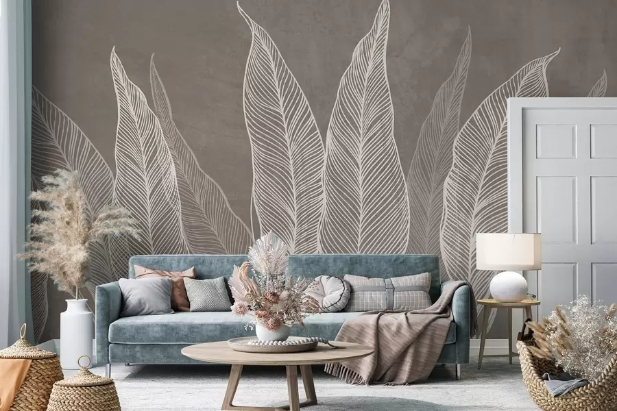 murais de parede Folhas brancas estilizadas com detalhes de linhas intricadas sobre um fundo castanho, ilustração com textura w10030v4