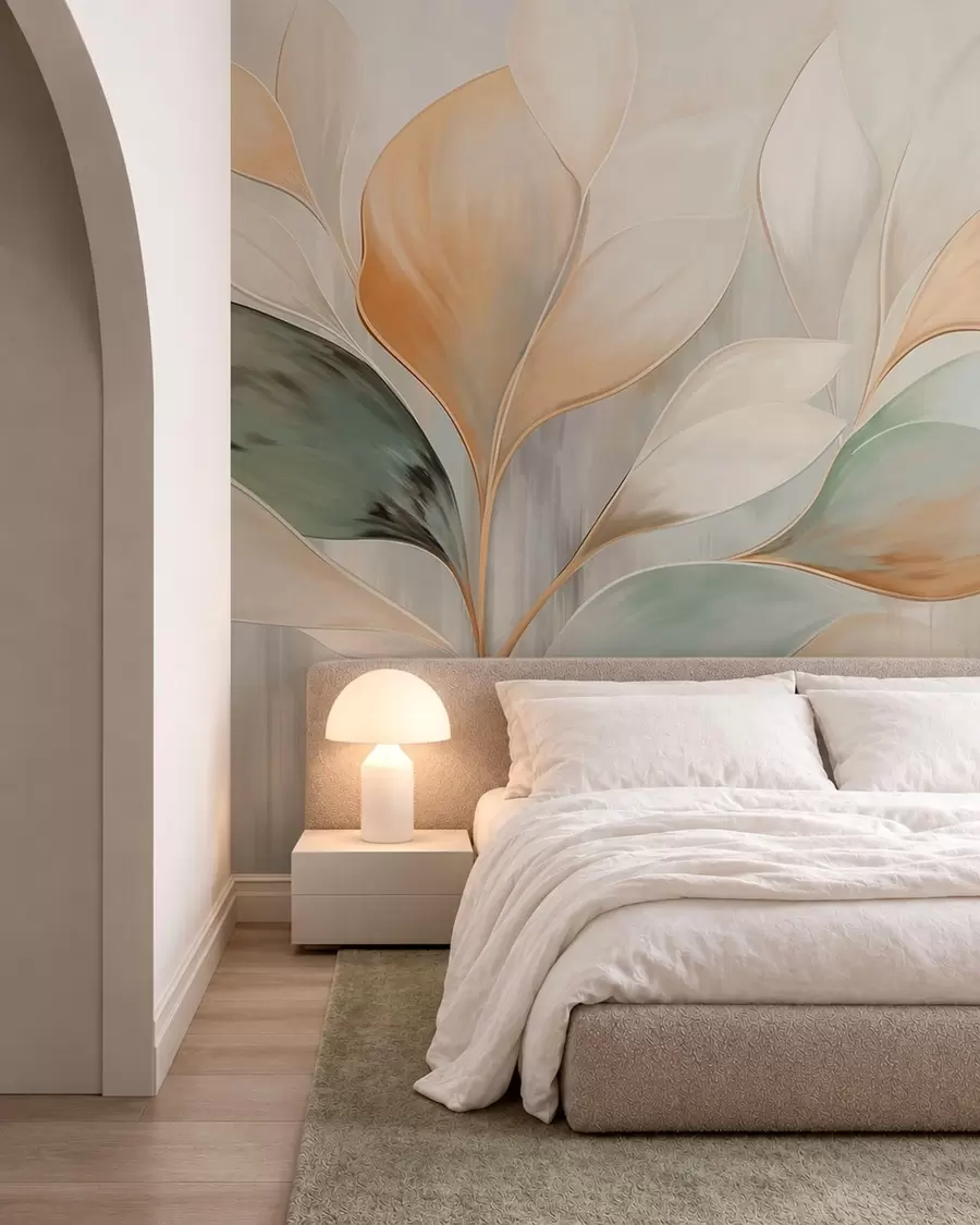 murais de parede Folhas abstratas em tons de creme, pêssego e verde w05861
