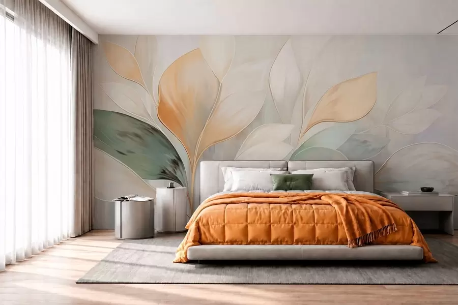 murais de parede Folhas abstratas em tons de creme, pêssego e verde w05861
