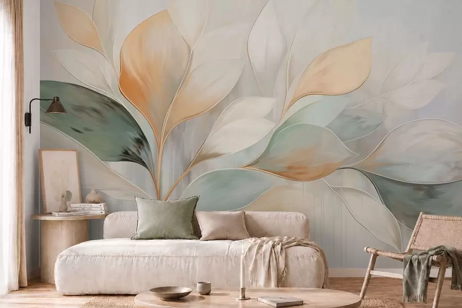 murais de parede Folhas abstratas em tons de creme, pêssego e verde w05861