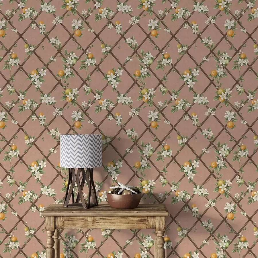 murais de parede Flores e citrinos num fundo cor-de-rosa com treliça a01261v1