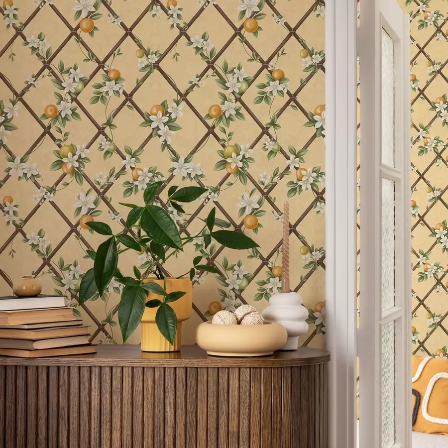 murais de parede Flores e citrinos num fundo creme com um padrão em treliça a01261v2