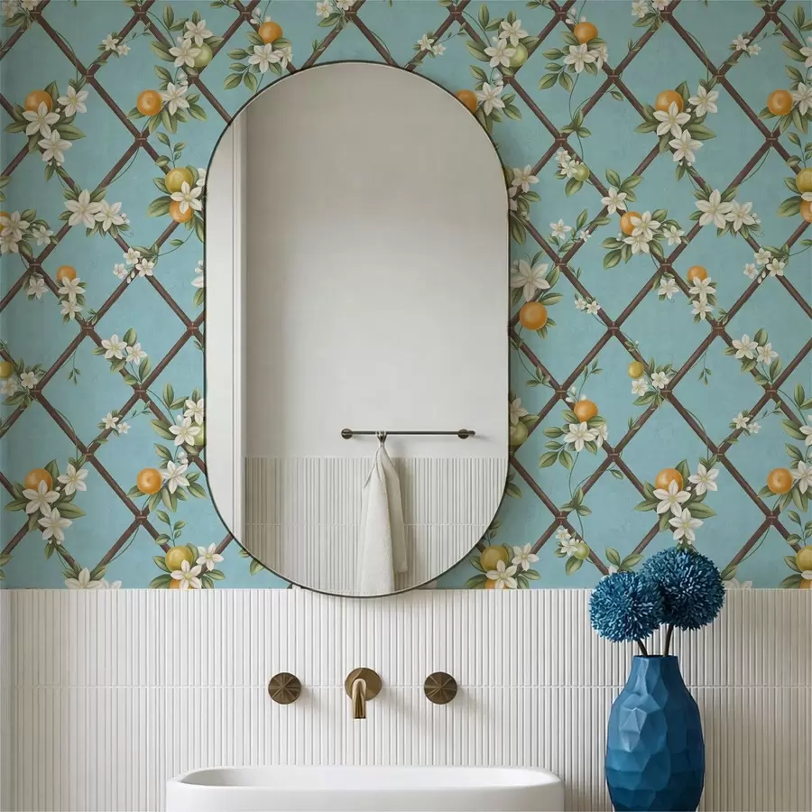 murais de parede Flores e citrinos num fundo azul com treliça a01261v3