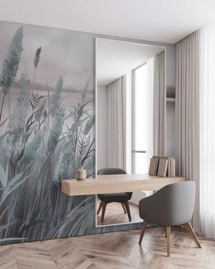 murais de parede Erva alta e seca e juncos em primeiro plano, paisagem com textura, cores pastel w10017v1