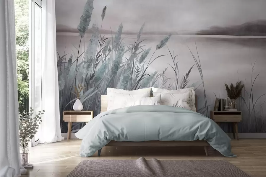 murais de parede Erva alta e seca e juncos em primeiro plano, paisagem com textura, cores pastel w10017v1