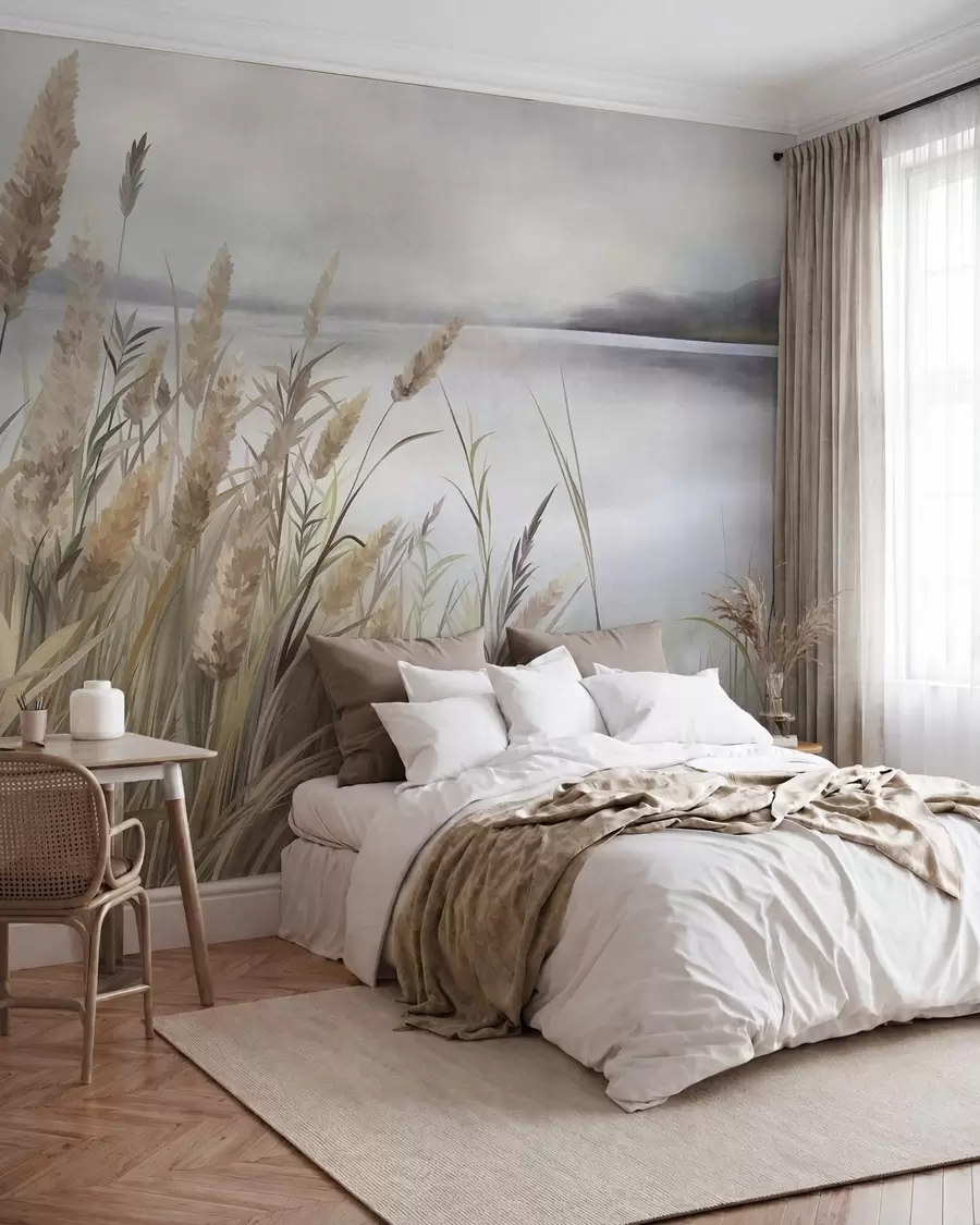 murais de parede Erva alta e seca e juncos em primeiro plano, paisagem com textura, cores pastel w10017
