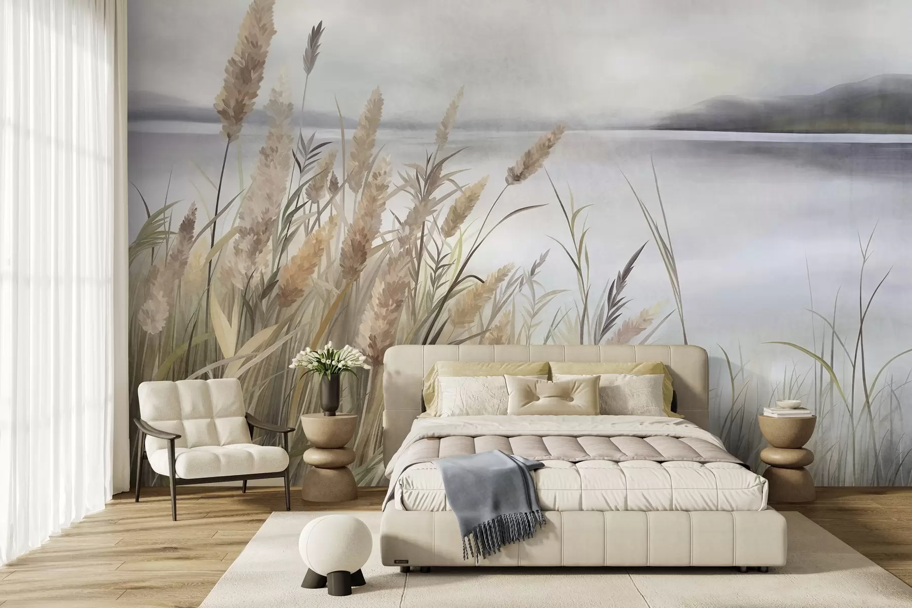 murais de parede Erva alta e seca e juncos em primeiro plano, paisagem com textura, cores pastel w10017