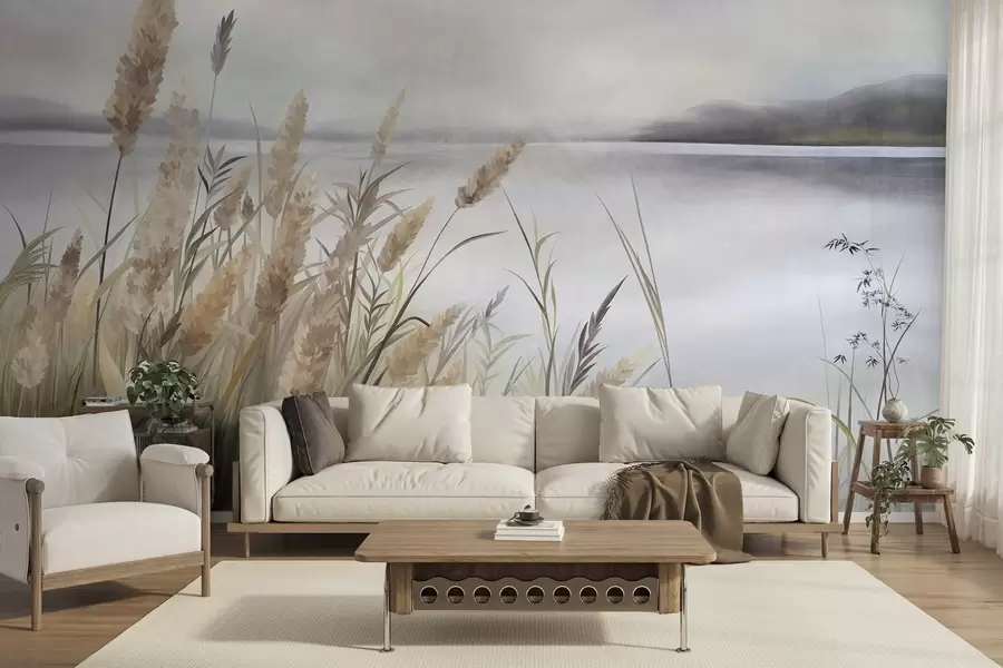 murais de parede Erva alta e seca e juncos em primeiro plano, paisagem com textura, cores pastel w10017