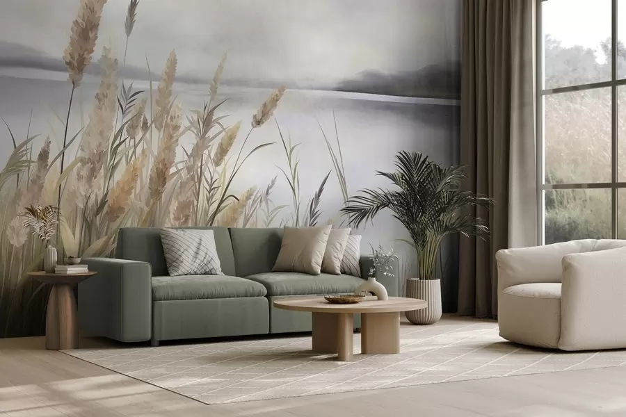 murais de parede Erva alta e seca e juncos em primeiro plano, paisagem com textura, cores pastel w10017