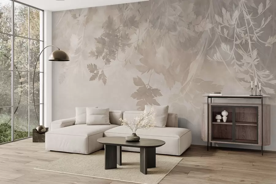 murais de parede Folhas e ramos com textura contra um fundo bege suave e discreto w10020