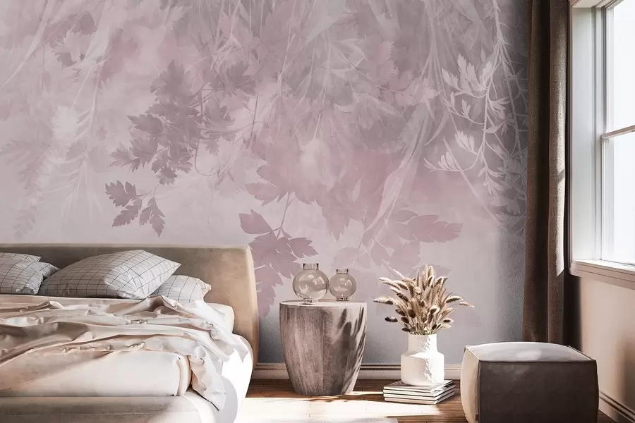 murais de parede Folhas e ramos texturados sobre um fundo rosa suave e discreto w10020v1