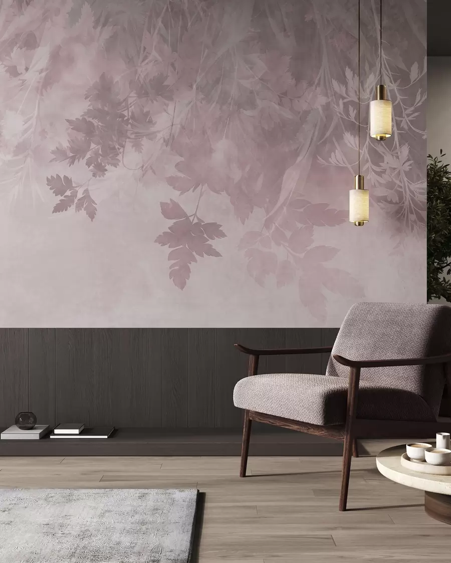 murais de parede Folhas e ramos texturados sobre um fundo rosa suave e discreto w10020v1