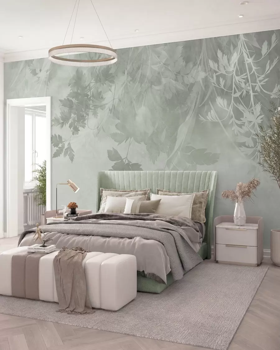 murais de parede Folhas e ramos com textura contra um fundo verde suave e discreto w10020v2