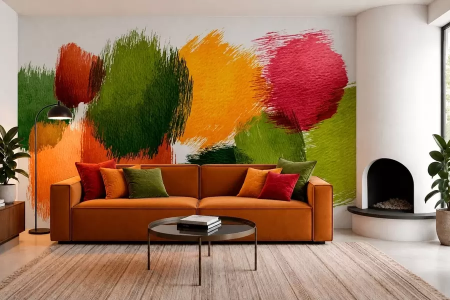 murais de parede Traços abstratos em verde, laranja e rosa w05859