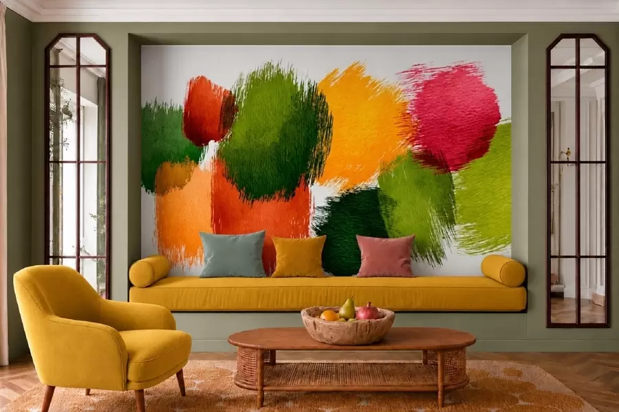 murais de parede Traços abstratos em verde, laranja e rosa w05859