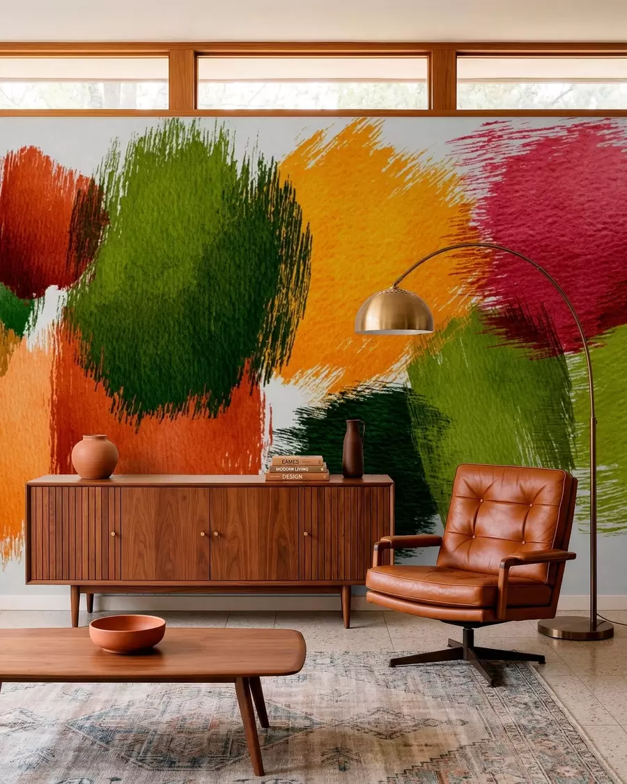 murais de parede Traços abstratos em verde, laranja e rosa w05859