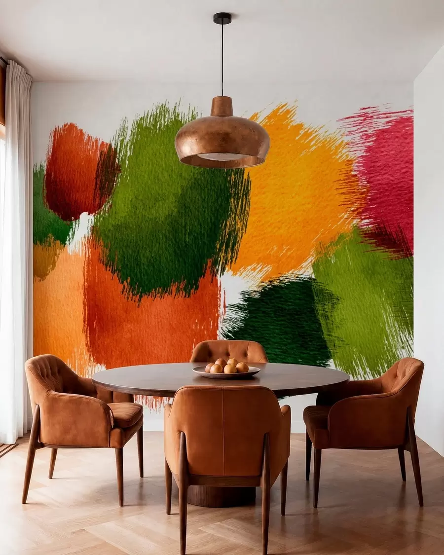 murais de parede Traços abstratos em verde, laranja e rosa w05859