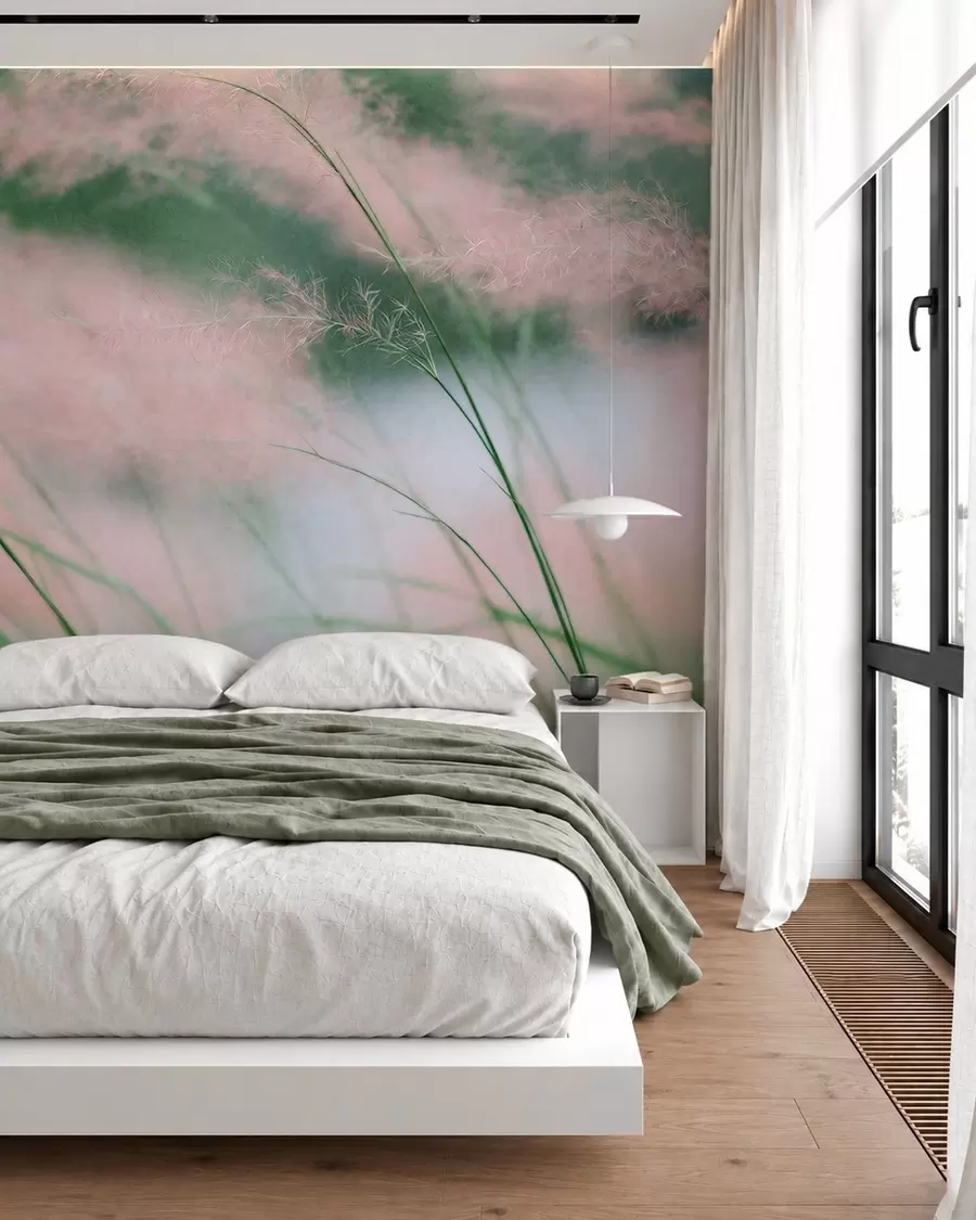 murais de parede Delicadas ervas cor-de-rosa contra um fundo verde suave w05886