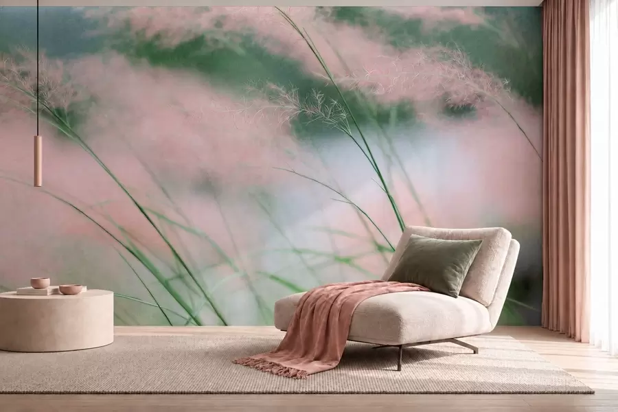 murais de parede Delicadas ervas cor-de-rosa contra um fundo verde suave w05886